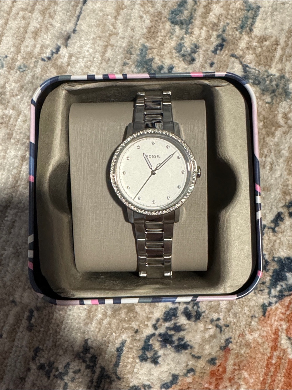 EUC Fossil Silver Crystal-Trim Women's Bracelet Watch